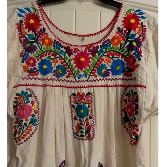 Vintage Mexican Floral Embroidered Flax Muslin Hemp Huipil Dress M - Picture 4 of 7